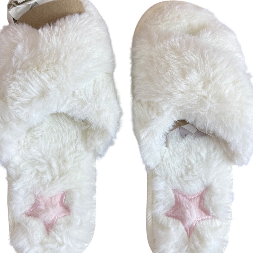 SALE Lola Women's Fuzzy Slippers White Crossover Pink Star Size Medium